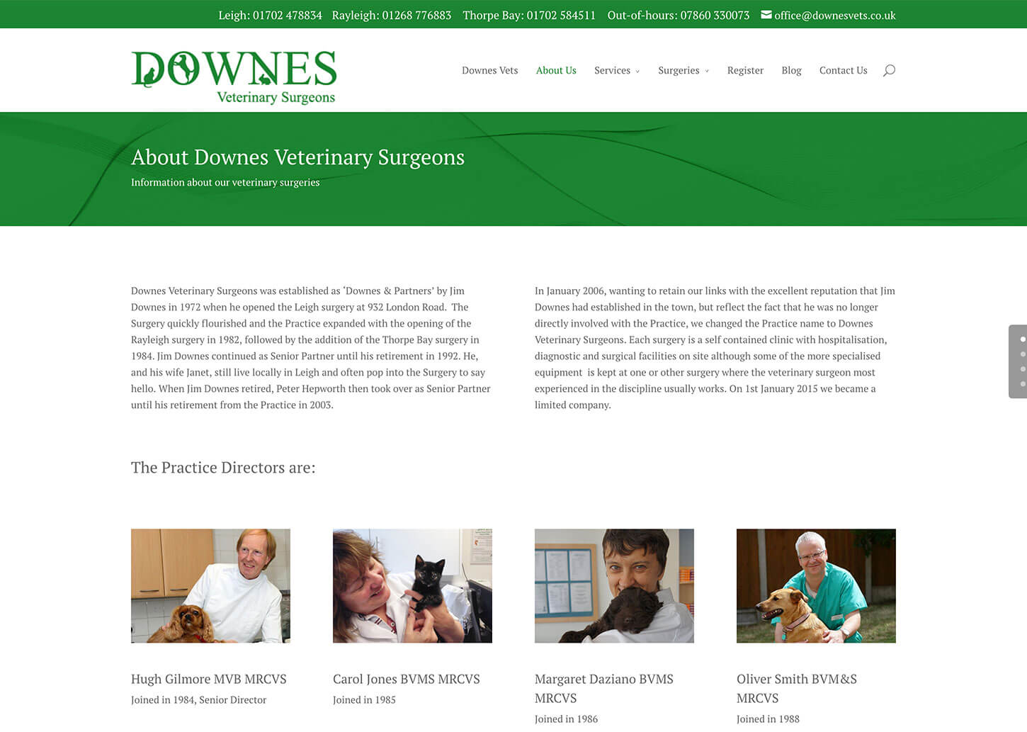 Vets website design for Downes Vets: About us page