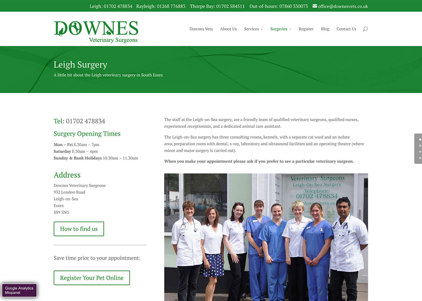 Vets website design for Downes Vets: Example Practice page
