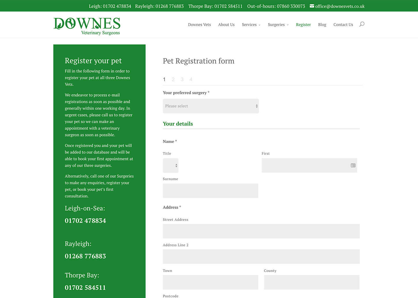 Vets website design for Downes Vets: Online pet registration form
