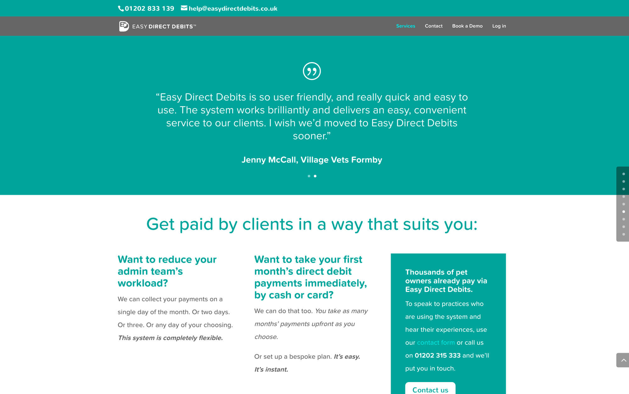 Easy Direct Debits: financial website design - Services page