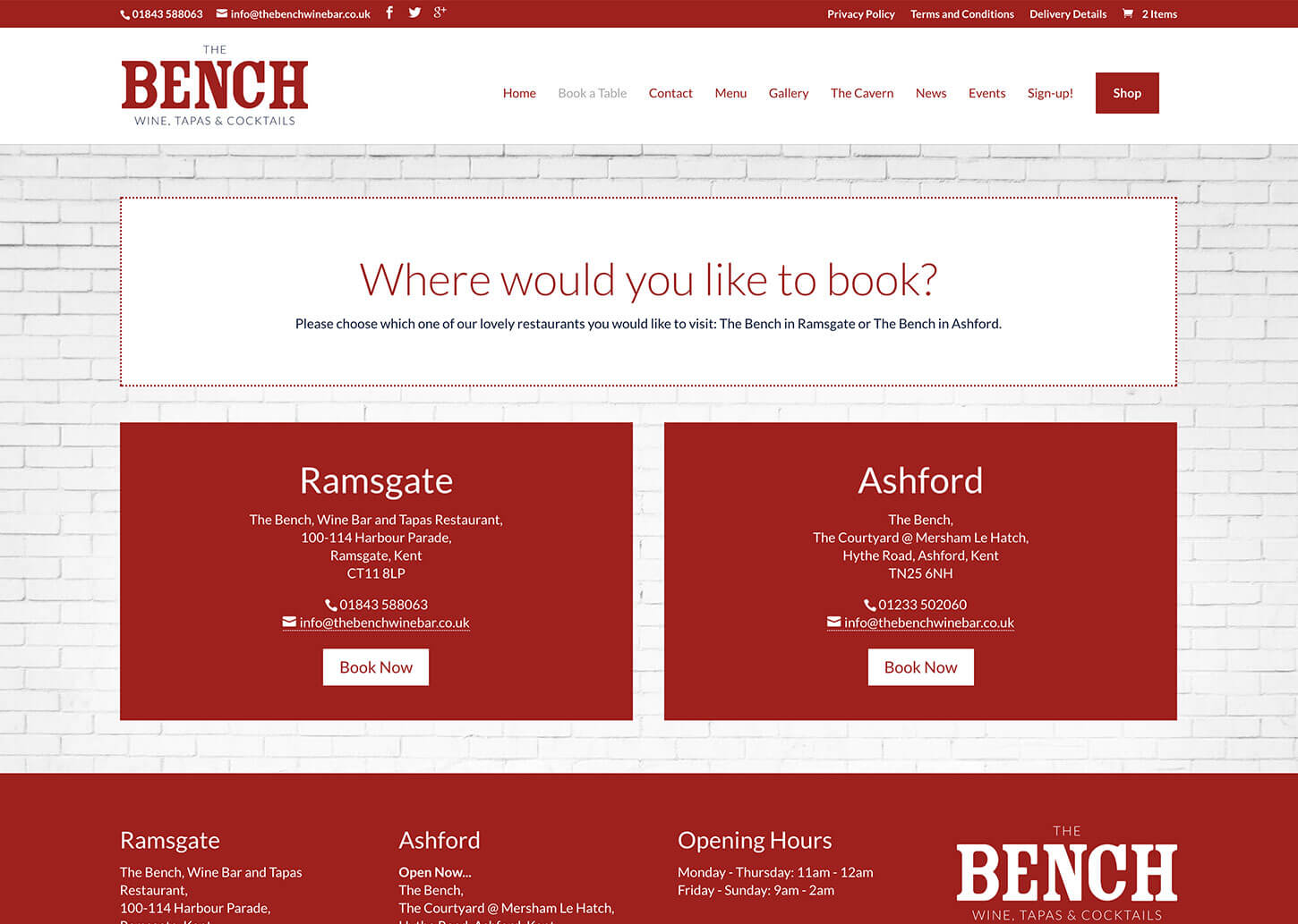 The Bench Restaurant website design - Booking page