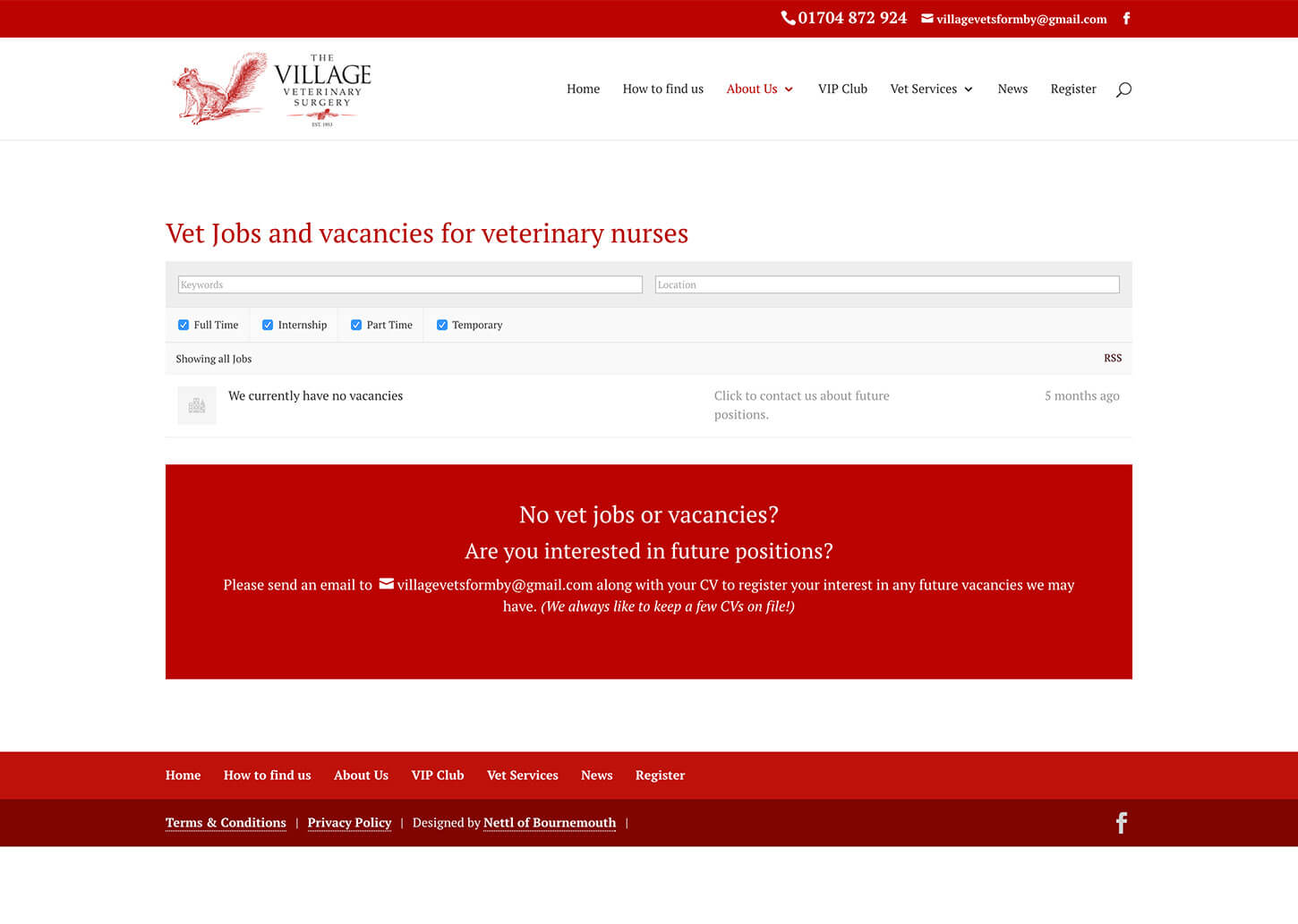 Village Vets website design: Job vacancy page
