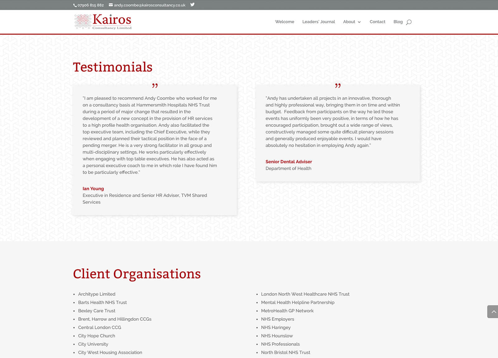 Consultancy company website design: Testimonials section
