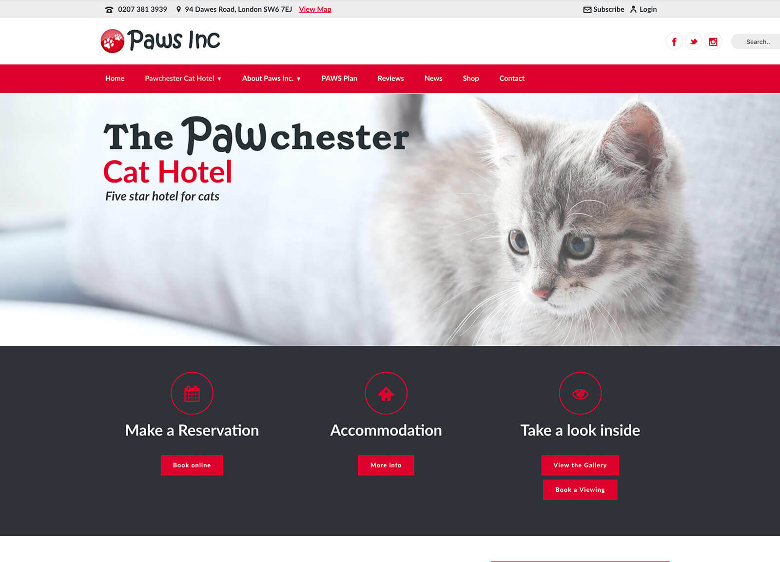 Cat hotel website design - Main cat hotel page