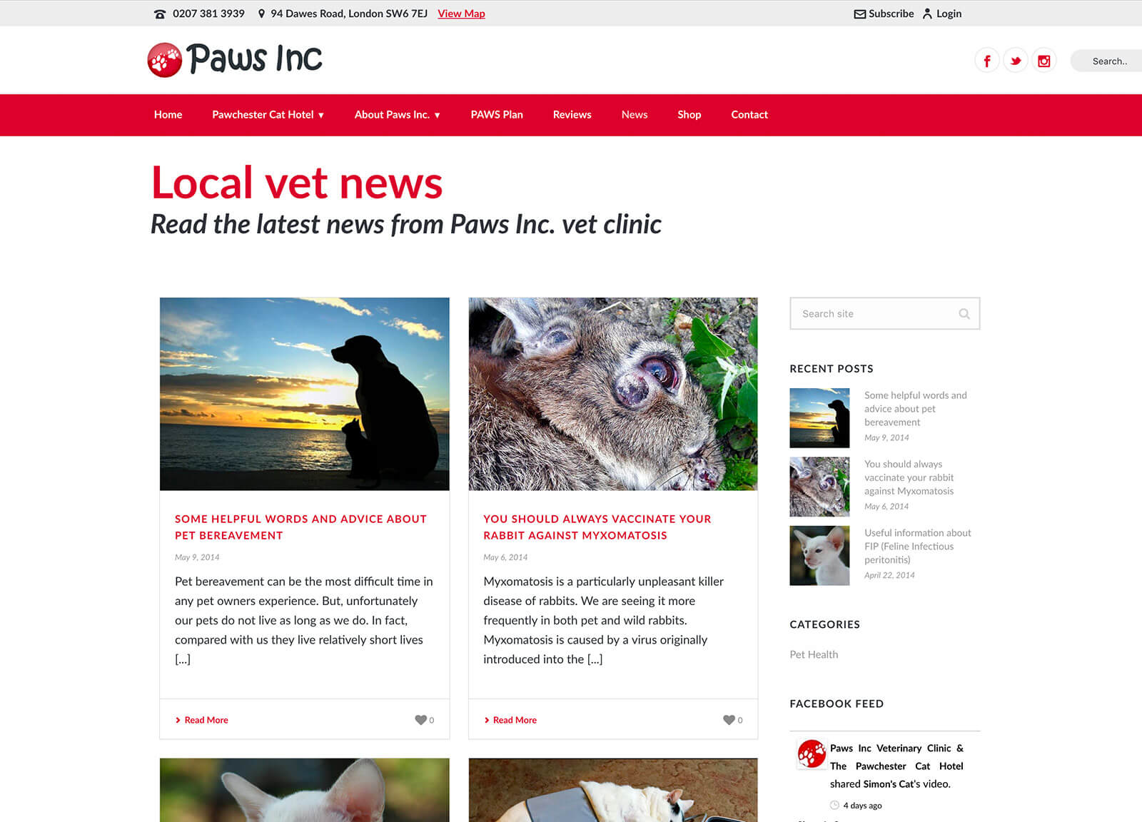 Cat hotel and vet practice website design - Vet news page