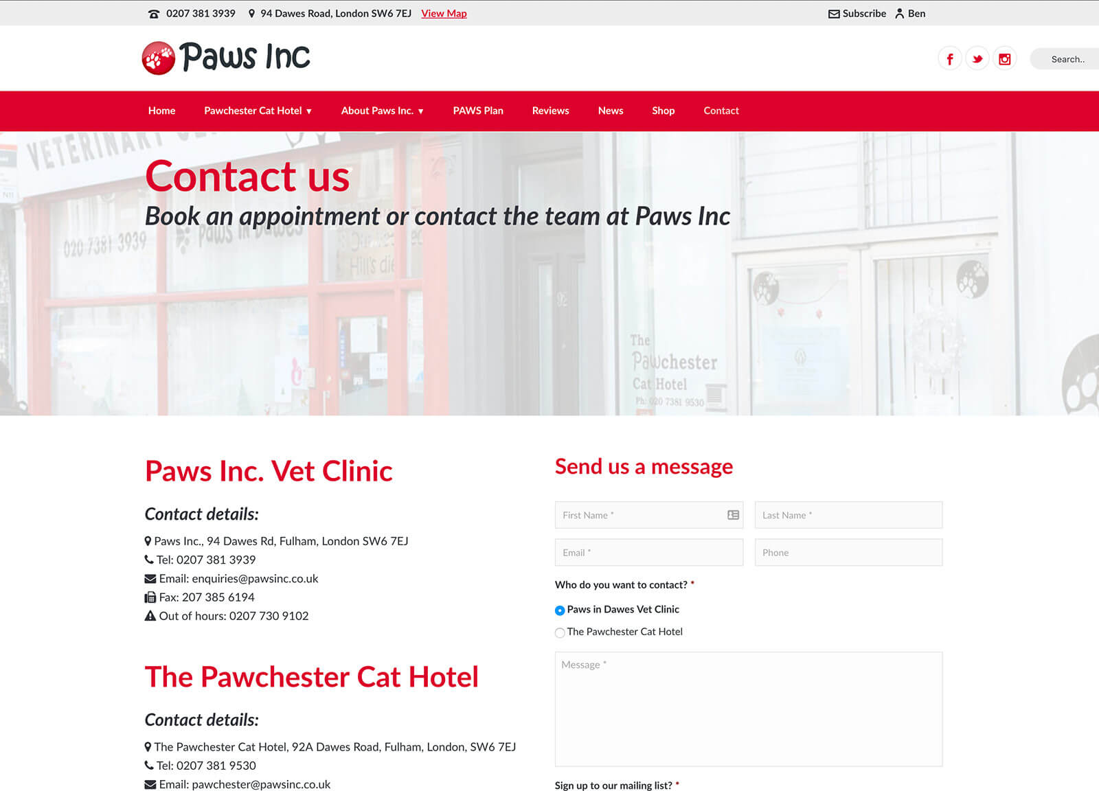 Cat hotel and vet practice website design - Contact page